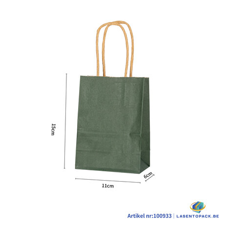 12x Papieren tas gedraaid handvat - 11cm x 15cm x 6cm Olive Green 