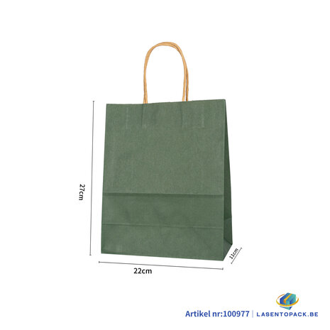 12x Papieren tas gedraaid handvat - 22cm x 27cm x 11cm Olive Green 