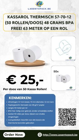 50x Kassarol Thermisch 57-70-12 (50 rollen/doos) 48 GRAMS BPA FREE! 63 meter op een rol 
