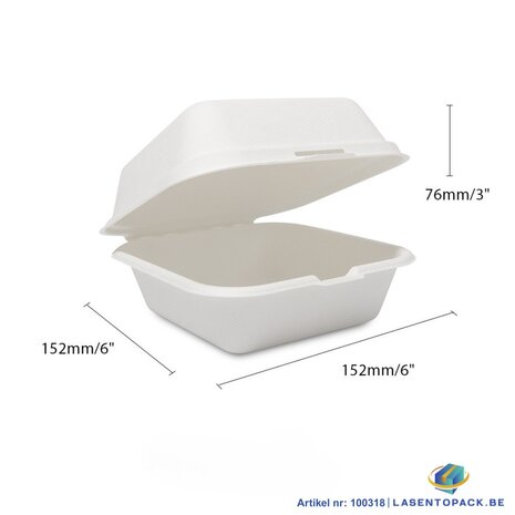 500x Hamburgerbakje Groot suikerriet BIO Plasticvrij  (Hamburger box 6 inch) 152mm x 152mm x 76 mm