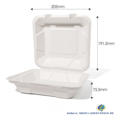 200x Menubox 1-vaks Middel suikerriet BIO (Menu box  sugarcane) 191mm X 205mm X 76mm