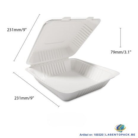 200x Menubox 1-vaks Groot 1500 ML suikerriet BIO  (Menu box 9 inch sugarcane) 231mm X 231mm X 79mm