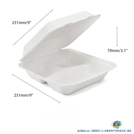 200x Menubox 3-vaks Groot 1300 ML suikerriet BIO  (Menu box 9 inch sugarcane) 231mm X 231mm X 79mm
