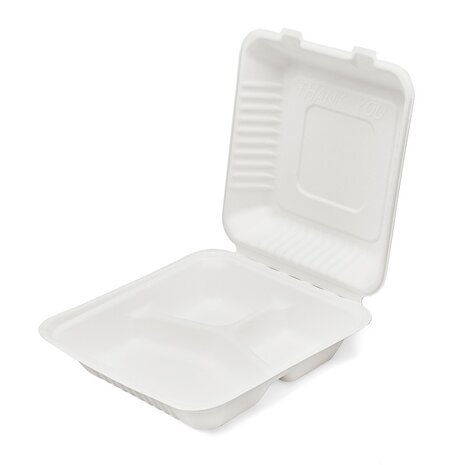 200x Menubox 3-vaks Groot 1300 ML suikerriet BIO  (Menu box 9 inch sugarcane) 231mm X 231mm X 79mm
