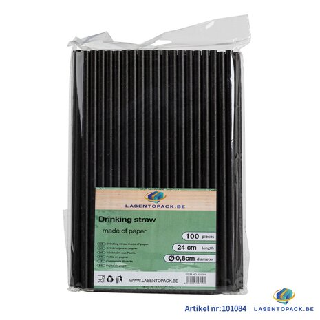 100x BIO Papieren rietjes 8mm x 240mm Zwart