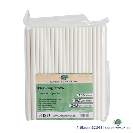 100x BIO Papieren rietjes 8mm x 197mm Wit