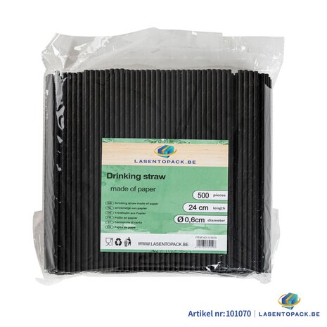 500x BIO Papieren rietjes 6mm x 240mm Zwart
