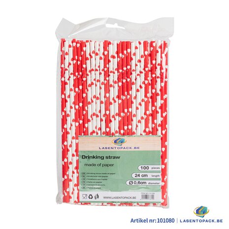 100x BIO Papieren buigrietjes 6mm x 240mm Hartjes wit-rood