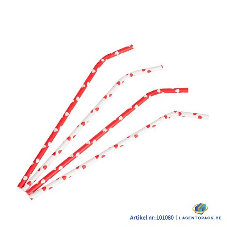 100x BIO Papieren buigrietjes 6mm x 240mm Hartjes wit-rood