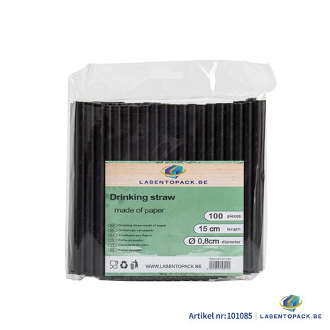 100x BIO Papieren drinkrietje &Oslash; 8 mm x 15cm Zwart voor Cocktails